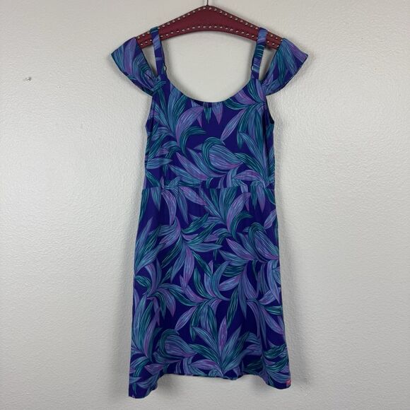 Rainbow Jo Tropical Palm Leaf Print Cold Shoulder Babydoll Dress Purple Aqua S - Picture 1 of 16